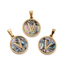 Letter V Вакуумное покрытие pvd 304 нержавеющая сталь с подвесками из ракушек пауа, золотые, плоский круглый с подвеской в виде буквы, letter.v, 18x16x1.5 мм, отверстие : 3x6 мм