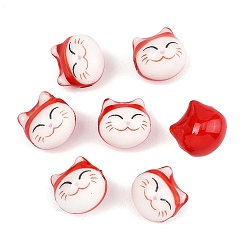Red Handmade Porcelain Beads, Cat Shape, Red, 9x9.5x8~8.5mm, Hole: 1.8~2mm