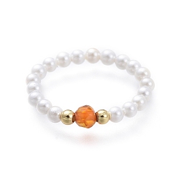 Натуральный Агат Стрейч-кольца с натуральным агатом, с круглыми жемчужными бусинами и латунными бусинами, золотые, размер США 7 1/4 (17.5 мм)