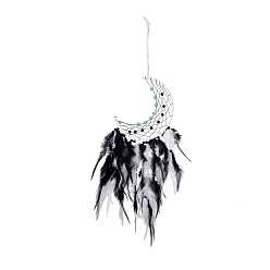 Black Iron Woven Web/Net with Feather Pendant Decorations, with Plastic Beads, Covered with Leather Cord, Moon, Black & White, 570mm