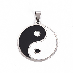 Черный 201 нержавеющей стальной эмали подвески, плоский круглый с тайцзи, черные и белые, 35x32x1.5 мм, отверстие : 9x4 мм