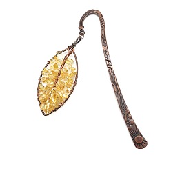 Yellow Quartz Natural Yellow Quartz Chip Beaded Leaf Pendant Bookmark, Red Copper Plated Alloy Hook Bookmark