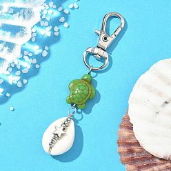 Зеленый лайм Кулон раковины украшения, с синтетической бирюзой, окрашенной в черепаховый цвет, и поворотными застежками-карабинами из сплава, зеленый лайм, 73~75 мм