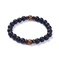 Tigerauge Stretch-Armbänder aus natürlichen schwarzen Achatperlen (gefärbt)., mit natürlichen Tigerauge Perlen und Holzperlen, matt, 2-1/8 Zoll (5.5 cm)