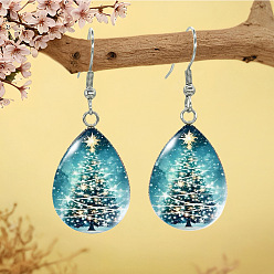 Темно-бирюзовый Серьги-подвески из сплава и стекла, платина, каплевидный узор с рождественской елкой, темные бирюзовый, 45x18 мм