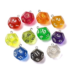 (52) Непрозрачная лаванда 12 подвески из прозрачной смолы с гранями, с железным кольцом, игральная кость, разноцветные, 24.5x21x26 мм, отверстие : 1.8 мм