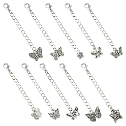 Античный Серебристый & Платиновый 50 шт. 10 стиль удлинитель цепи с железным бордюром, концевые цепочки с застежками-когтями-лобстерами и подвесками-бабочками в тибетском стиле, старинное серебро и платина, 70~80 мм, 5 шт / стиль
