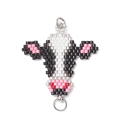 Белый Подвески-соединители из стеклянных бусинок, Корова головой, с 304 кольцами из нержавеющей стали, цвет нержавеющей стали, белые, 34.5x32x1.5 мм, отверстия : 3.5 mm и 4.5 мм