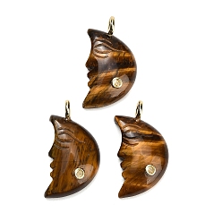 Tiger Eye Natural Tiger Eye Pendants, Moon Charms, with Brass Pave Cubic Zirconia Findings, Golden, 40~42x22~24x7~8mm, Hole: 4.5mm