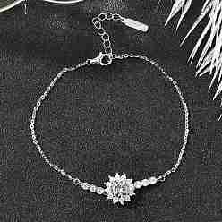 Платинированный 925 ссылка стерлингового серебра браслеты, браслеты-цепочки для женщин, цветок, с муассанитовым стразом, Реальная платина, 6-7/8 дюйм (17.5 см)