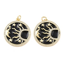 Черный Кулоны с фианитами из латуни, с целью перехода в кольце, талисманы солнца и луны, реальный 18 k позолоченный, без свинца и без кадмия, долговечный, стойки покрытие, чёрные, 27.5x25x2 мм, отверстие : 3.4 мм