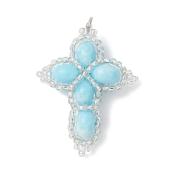 Темно-Голубой Окрашенная синтетическая императорская яшма с подвесками из стеклянных бусин, подвески-крестики с 304 соединительными кольцами из нержавеющей стали, цвет нержавеющей стали, глубокое синее небо, 37x28x8.5 мм, отверстие : 3 мм