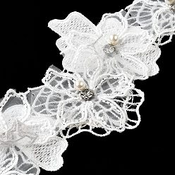White Flower Organza Ribbon, Clothes Accessories, with Rhinestone and Imitation Pearls Beads, White, 3-1/4 inch(83mm)