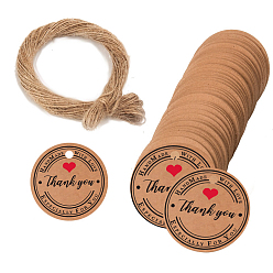 BurlyWood Kraft Paper Gift Tags, Hange Tags, with Hemp Rope, for Arts, Crafts and Food, Flat Round with Word Thank You, BurlyWood, Tag: 3cm, about 101pcs/bag