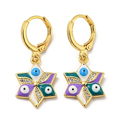 Blue Violet Golden Brass Dangle Leverback Earrings, with Enamel and Cubic Zirconia, Evil Eye, Blue Violet, 30.5x13mm
