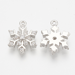 Real Platinum Plated Brass Micro Pave Cubic Zirconia Charms, Snowflake, Nickel Free, Real Platinum Plated, 14x11x3mm, Hole: 1mm