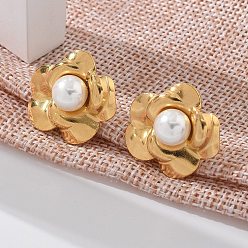 Настоящее золото 18K 304 из нержавеющей стали серьги, с пластиковой имитационной жемчужиной, цветок, реальный 18 k позолоченный, 22x19.5 мм
