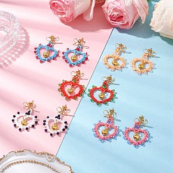 (52) Непрозрачная лаванда Стеклянные бусины висят серьги, с латунными серьгами, бантом с сердцем, золотые, разноцветные, 41x29 мм