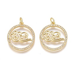 Real 18K Gold Plated Brass Micro Pave Clear Cubic Zirconia Pendants, Long-Lasting Plated, With Jump Ring, Flat Round with Cloud, Real 18K Gold Plated, 22.5x20x2mm, Hole: 3mm, Jump Ring: 5x1mm