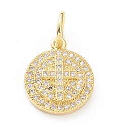 Настоящее золото 18K Латунные микропаве прозрачные подвески с фианитом, долговечный, плоские круглые с крестом, реальный 18 k позолоченный, 16x13x3 мм, отверстие : 5 мм