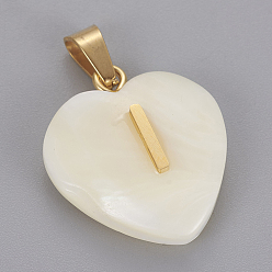Letter I Shell Anhänger, mit 304 Edelstahl Zubehör, Herz mit Brief, golden, letter.i, 23.5x20x7 mm, Bohrung: 3.5x7 mm