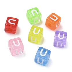 Letter U Прозрачные акриловые бусины, окрашенные спреем, куб с письмом, разноцветные, Буква U, 9.5x9.5x10 мм, отверстие : 3.8 мм, Около 570 шт / 500 г