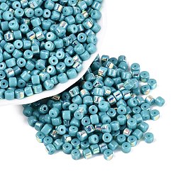 Dark Turquoise FGB Opaque Colours Glass Seed Beads, Rainbow Plated, Round Hole, Barrel, Dark Turquoise, 4x3.5mm, Hole: 0.9~1mm, about 3750pcs/pound