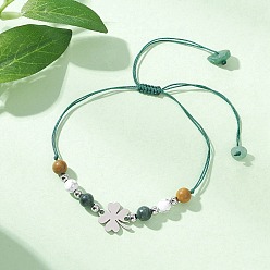 Зеленый 201 из нержавеющей стали ссылка браслеты, 304 Женские плетеные браслеты из бусин из нержавеющей стали и натуральных бусин, клевер, с нейлоновой нитью, зелёные, внутренний диаметр: 2-1/8 дюйм (5.4 см) ~ 3-3/4 дюйм (9.4 см)