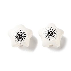Black Printed Handmade Porcelain Beads, Star with Spiral Sun, Black, 12.5x13x9mm, Hole: 2.5mm