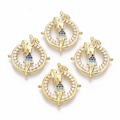 Золотой Тема дня матери, Соединители из латуни с микропаве и кубическим цирконием, без кадмия и без свинца, плоский раунд с матерью и сыном, синий и прозрачный, золотые, 23x25.5x3 мм, отверстие : 1 мм