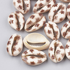 Sienna Printed Cowrie Shell Beads, No Hole/Undrilled, Star Pattern, Sienna, 20~26x13~18x5~7mm