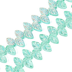 Turquoise Plaquent verre transparent perles brins, feuille, de couleur plaquée ab , demi-plaqué, teint et cœur, turquoise, 11~11.5x6.5~7x3~4mm, Trou: 0.8~0.9mm, Environ 98~100 pcs/chapelet, 18.90~19.29 pouce (48~49 cm)