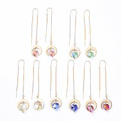 Gemischte Farbe Messing-Ohrhaken, mit Messing-Anhänger, Glasperlen, Herz mit Mond, Gemischte Farbe, 84 mm, Stift: 0.7 mm