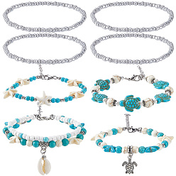 (52) Непрозрачная лаванда 7шт. наборы браслетов из нескольких нитей с ракушками каури, с бирюзовым (крашеным) бисером и стеклянным бисером, Сплавочные овальные бусины тибетского стиля , Карабин-лобстер из цинкового сплава, разноцветные, 7-1/4 дюйм (18.5 см)