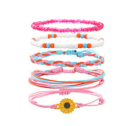 Pink 5шт. набор из цветочного сплава, смолы и воскового шнура, плетеных браслетов из бусин и стеклянных бусин, розовые, 11 дюйм (28 см)