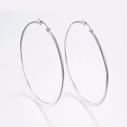 Нержавеющая Сталь Цвет Устойчивые к потускнению 304 большие серьги-кольца из нержавеющей стали, гипоаллергенные серьги, плоская форма кольца, цвет нержавеющей стали, 12 датчик, 64~66x2 мм, штифты : 0.7x1 мм