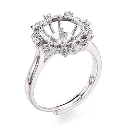 Платинированный В форме цветка латунный микропаве прозрачный кубический цирконий регулируемые настройки кольца, за половину пробурено бисера, без кадмия, без никеля и без свинца, Реальная платина, штифты : 0.7 мм, 14.5 мм, внутренний диаметр: 17~17.5 мм