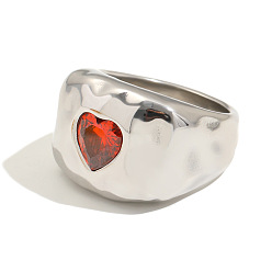 Stainless Steel Color 304 Stainless Steel Cubic Zirconia Finger Rings, Heart, Stainless Steel Color, US Size 7(17.3mm)