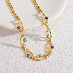 Oval Богемный 304 ожерелья из нержавеющей стали и окрашенной цветной синтетической бирюзы для женщин, реальный 18 k позолоченный, овальные, 16.93 дюйм (43 см)