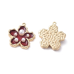 Dark Red Enamel Pendants, with Brass Findings and Acrylic Pearl, Real 18K Gold Plated, Flower, Dark Red, 16.5x15x4mm, Hole: 1mm