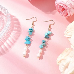 Синтетическая Бирюза 304 серьги-подвески из нержавеющей стали с натуральным культивированным пресноводным жемчугом и рисом, с синтетическими бирюзовый, золотые, 74~75x8~10 мм