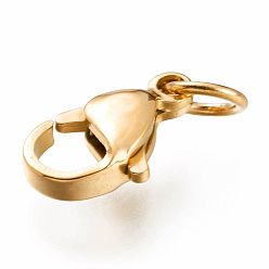 Golden Ion Plating(IP) 304 Stainless Steel Lobster Claw Clasps, With Jump Ring, Golden, 12x7x3.5mm, Hole: 3mm, Jump Ring: 5x0.6mm