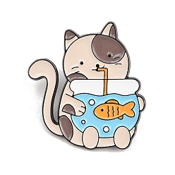 Бланшированный Миндаль Забавные значки с котом, пьющим из аквариума, из эмали., Черные металлические застежки для значков на лацкан для рюкзака или одежды, бланшированный миндаль, 30x28 мм