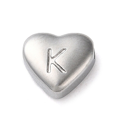 Letter K 201 Stainless Steel Beads, Stainless Steel Color, Heart, Letter K, 7x8x3.5mm, Hole: 1.5mm