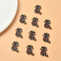 Черный Подвески из эмали и сплава, золотой свет, кот с сердечным шармом, чёрные, 20x18x1.5 мм, отверстие : 1.5x2 мм