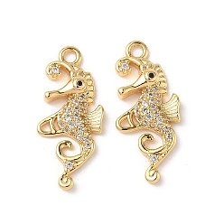 Настоящее золото 18K Латунные микропаве прозрачные подвески с фианитом, очарование морского конька, без никеля , реальный 18 k позолоченный, 23.5x10x3 мм, отверстие : 1.8 мм
