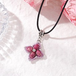 Камелия Звезда с подвеской из окрашенной синтетической императорской яшмы и стеклянных бусин, ожерелья из черного вощеного хлопкового шнура, античное серебро, камелия, 17.80 дюйм (45.2 см)