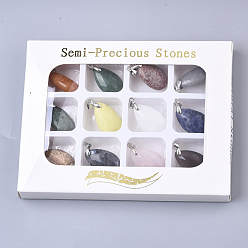 Mixed Stone Natural Mixed Stone Pendants, with Platinum Plated Brass Ice Pick Pinch Bails, Teardrop, 24x15x9mm, Hole: 3.5mm, 12pcs/box