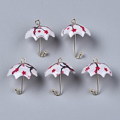 Светло-Вишневый Печатные акриловые подвески, с латунной фурнитурой золотого цвета, 3 d зонт с цветочным узором, светло-вишневый, 22~24x18x18 мм, отверстие : 1.2~1.8 мм