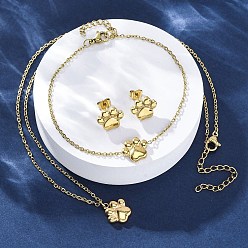 Золотой Отпечаток собачьей лапы 304 ожерелья из нержавеющей стали с подвесками, браслеты и серьги-гвоздики для женщин, вакуумное покрытие pvd, золотые, 17.72 дюйм (450 мм)